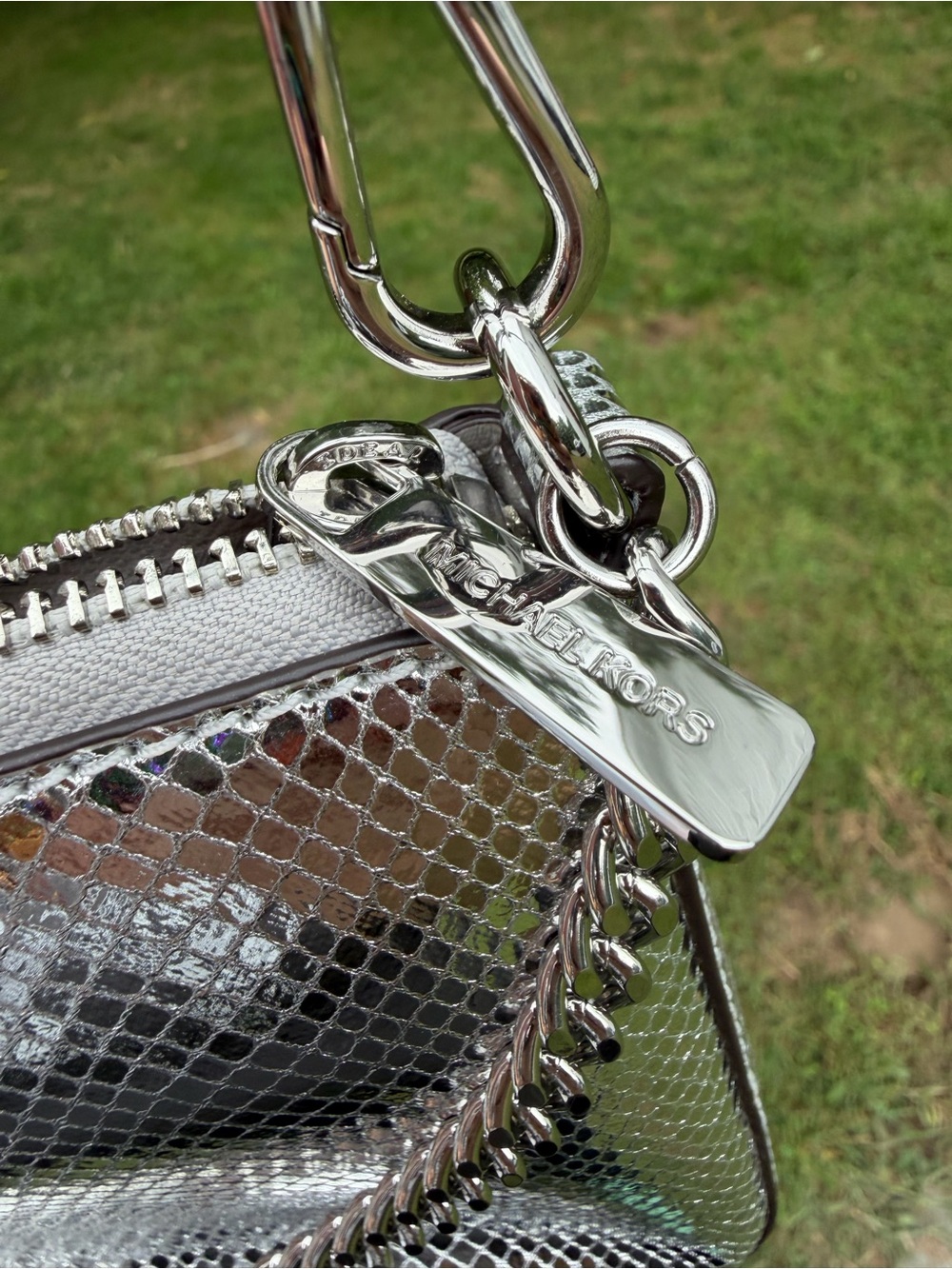 Michael Kors Jet Set Medium Pouchette Silver Metallic Snake Embossed NWT - Picture 8 of 10